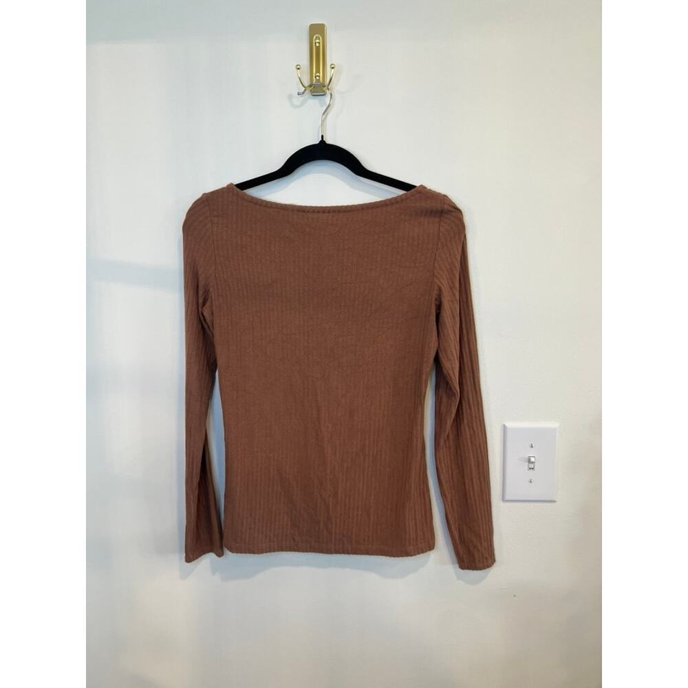 Ribbed Long Sleeve Top Brown Fitted Basic Soft Stretch Tee Women’s Small - Picture 2 of 5